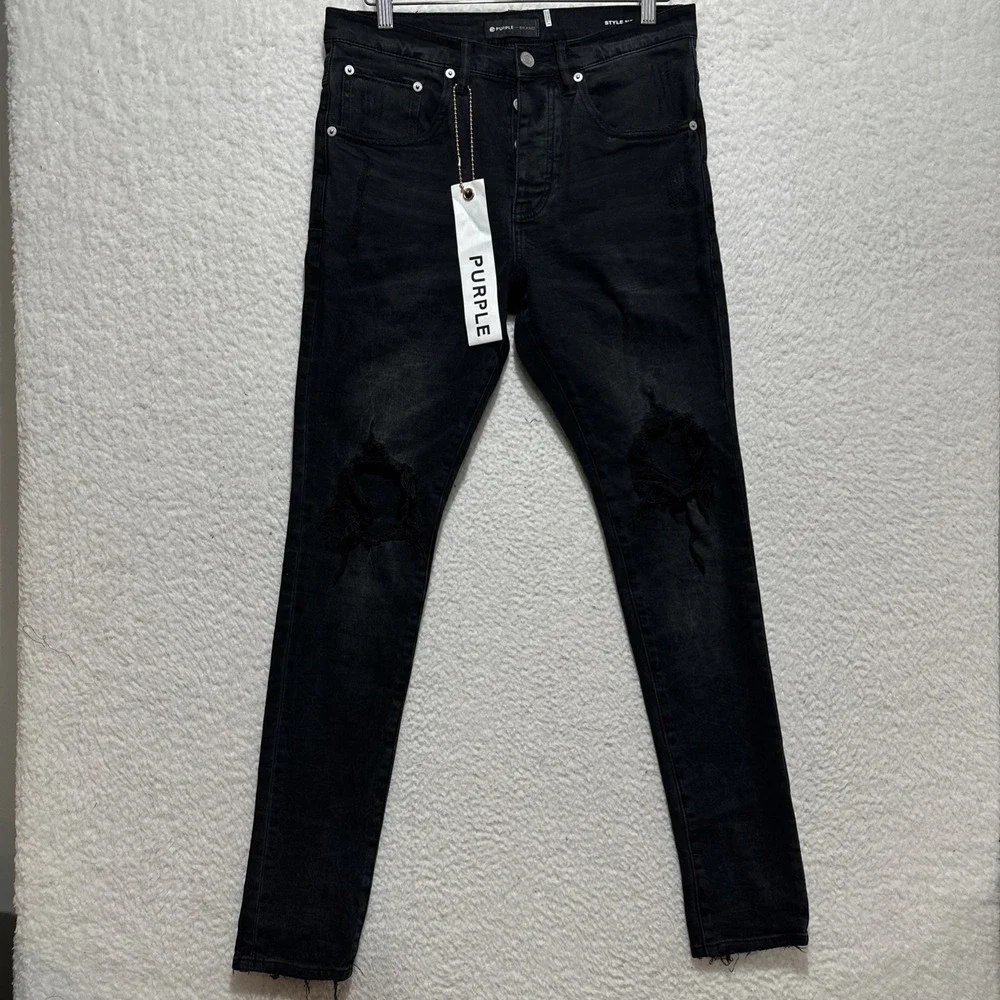 Purple Brand‎ Denim Jeans Sz 30 Dropped Fit Mid Rise Black Ripped Slim Leg P002